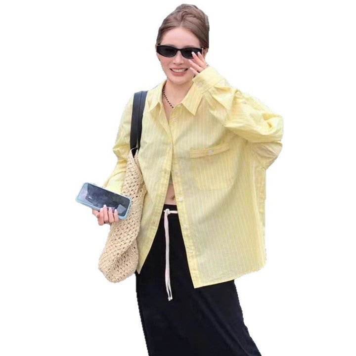Women Wide Stripe Boxy Shirt with Extended Back Hem and Chest Pocket Mune Fashion