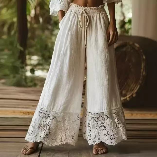 Women's loose linen pants with elastic drawstring waistband and lace trim Mune Fashion