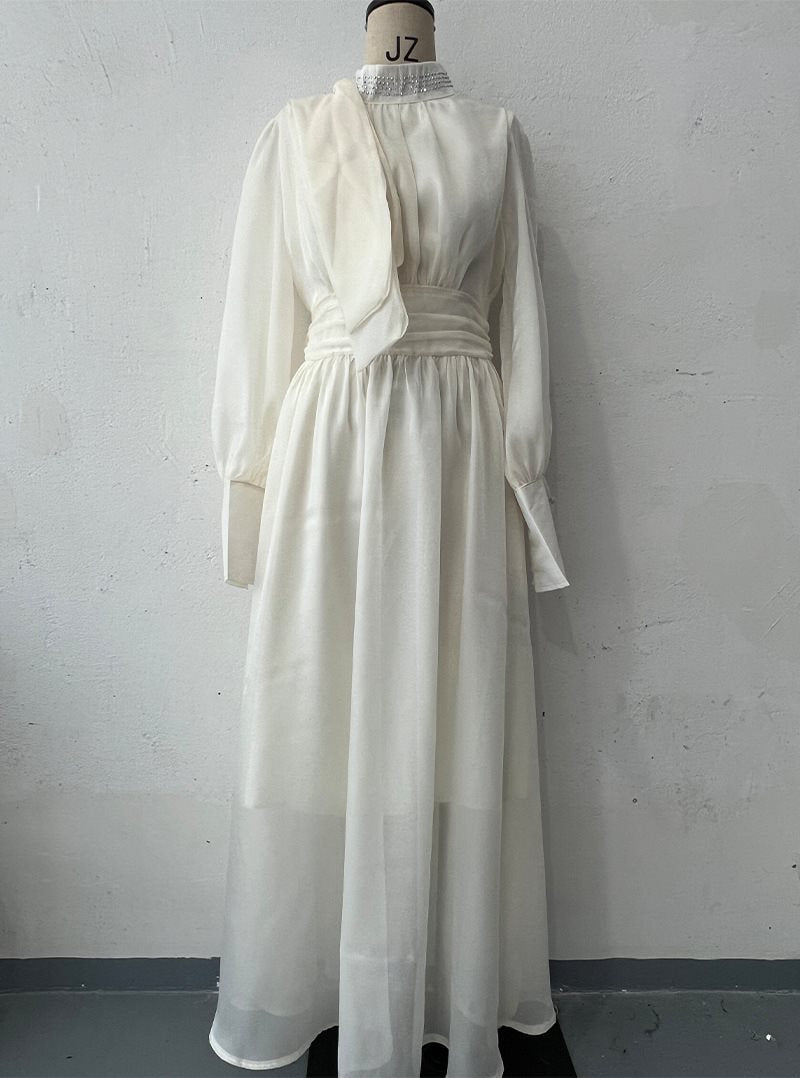 Women Elegant Chiffon Maxi Dress with Tailored Wrap Waist, Stand Collar and Long Puff Sleeves Mune Fashion