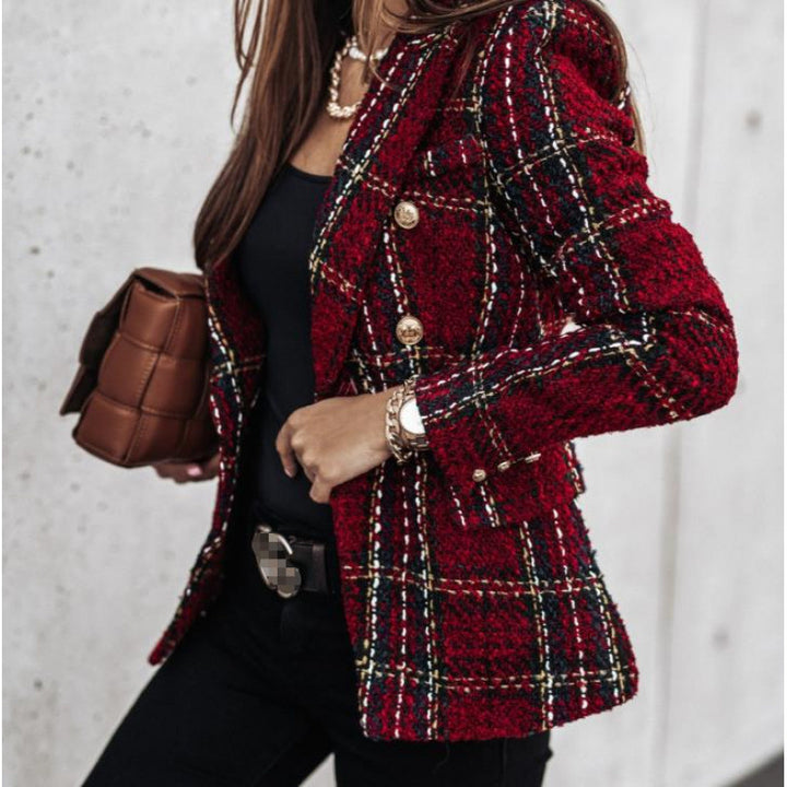 Ladies elegant tweed blazer with double button, textured weave and patch pockets Mune Fashion
