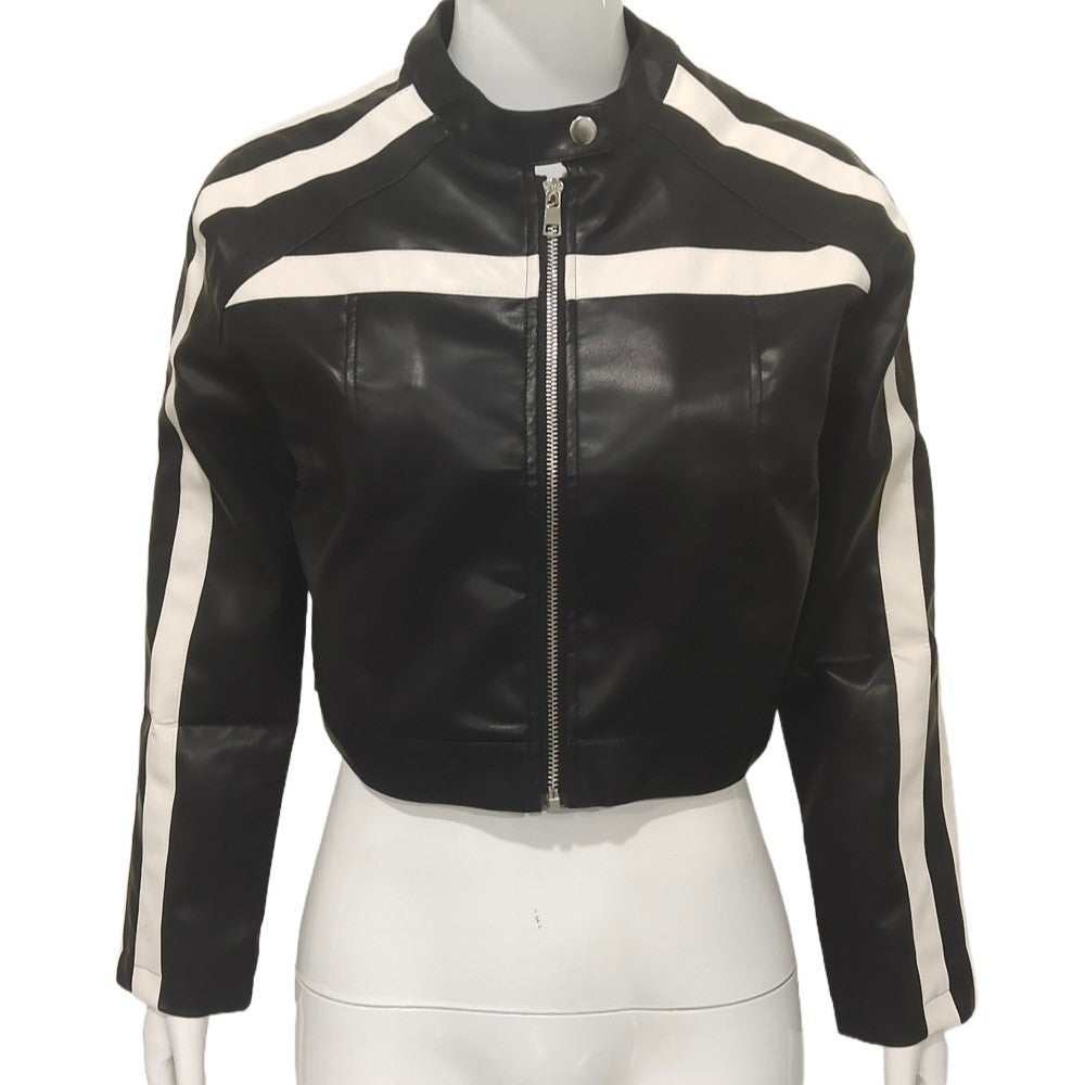 Women's short jacket made of faux leather in racing look with contrast stripes and stand-up collar Mune Fashion