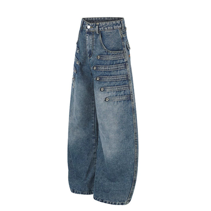 Women's Wide Denim Palazzo Jeans with Decorative Stitching and Decorative Button Details Mune Fashion