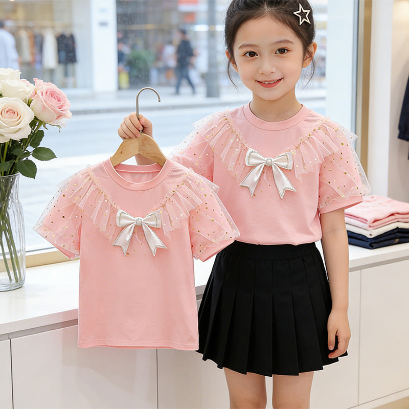 Girl T-shirt with ruffle details and transparent puff sleeves Mune Fashion