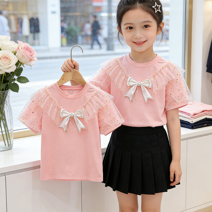 Girl T-shirt with ruffle details and transparent puff sleeves Mune Fashion