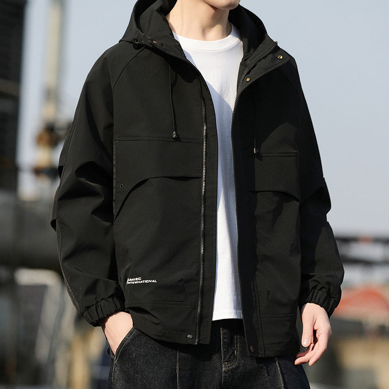 Men's Lightweight Hooded Utility Windbreaker with Large Flap Pockets and Elastic Cuffs Mune Fashion