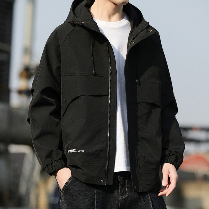 Men's Lightweight Hooded Utility Windbreaker with Large Flap Pockets and Elastic Cuffs Mune Fashion