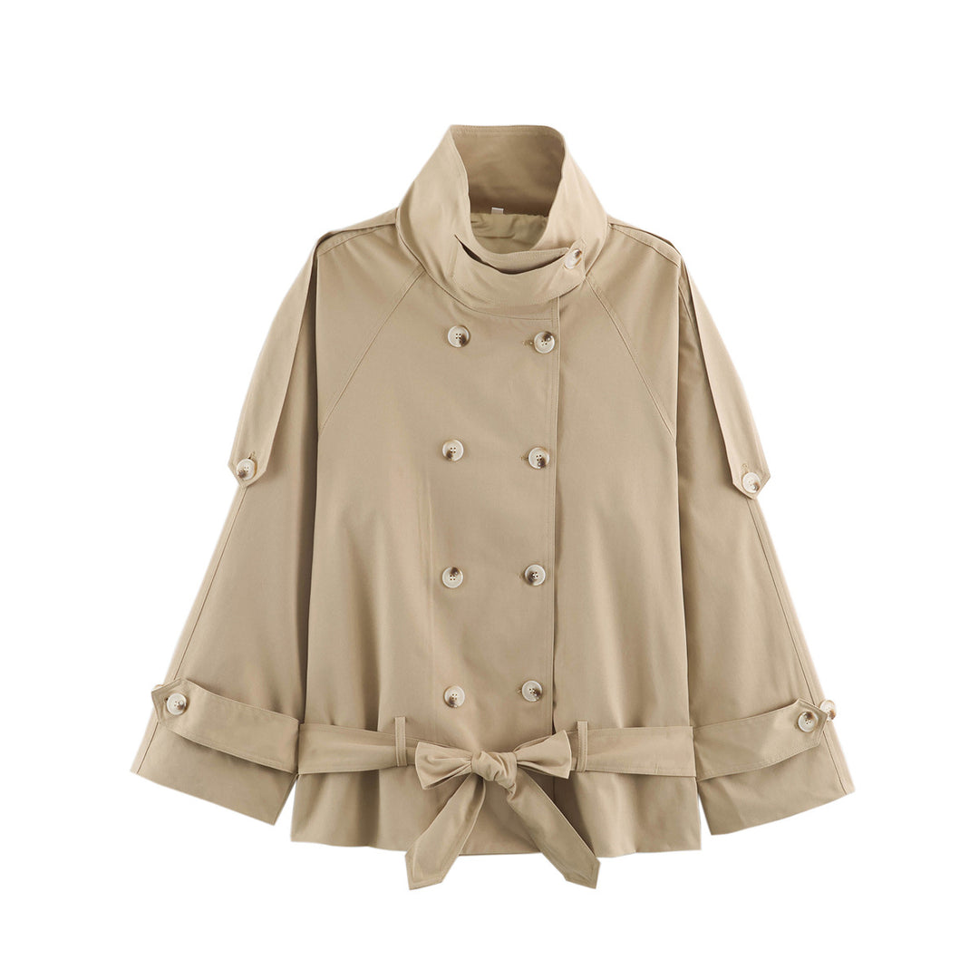 Women 10+ short double-breasted cape trench with funnel collar and tie belt Mune Fashion