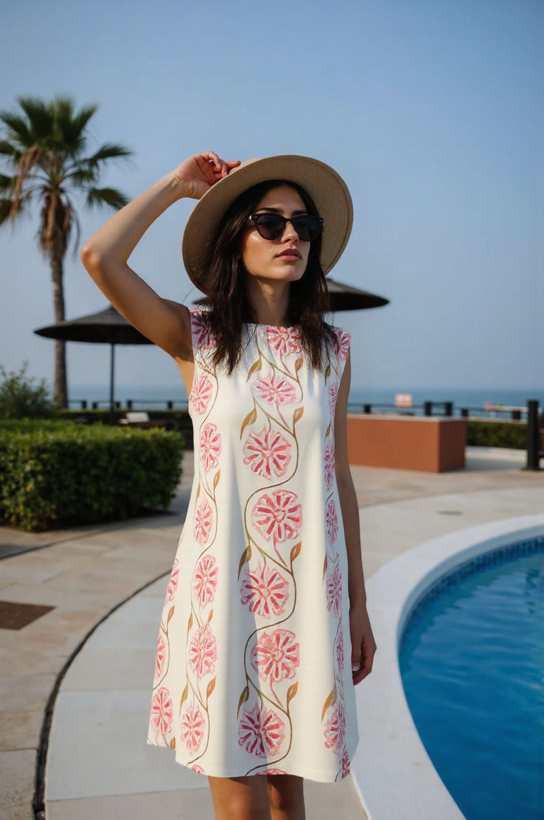 Women's Lightweight Sleeveless Shift Midi Dress with Delicate Floral Print and Straight Neckline Mune Fashion