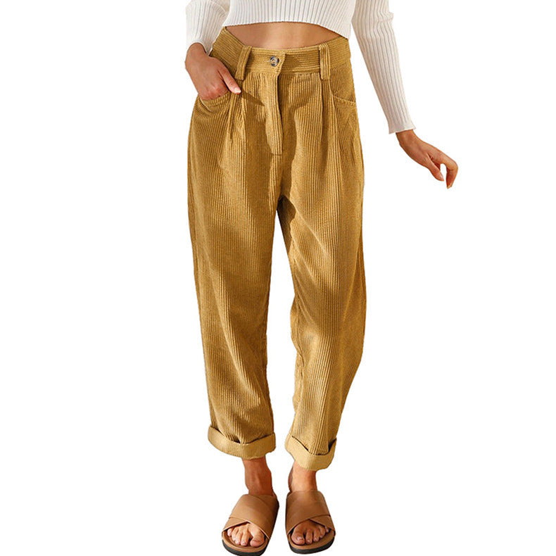 Women's Casual Corduroy Pants with High Waist, Loose Tapered Fit, and Cuffed Hem Mune Fashion