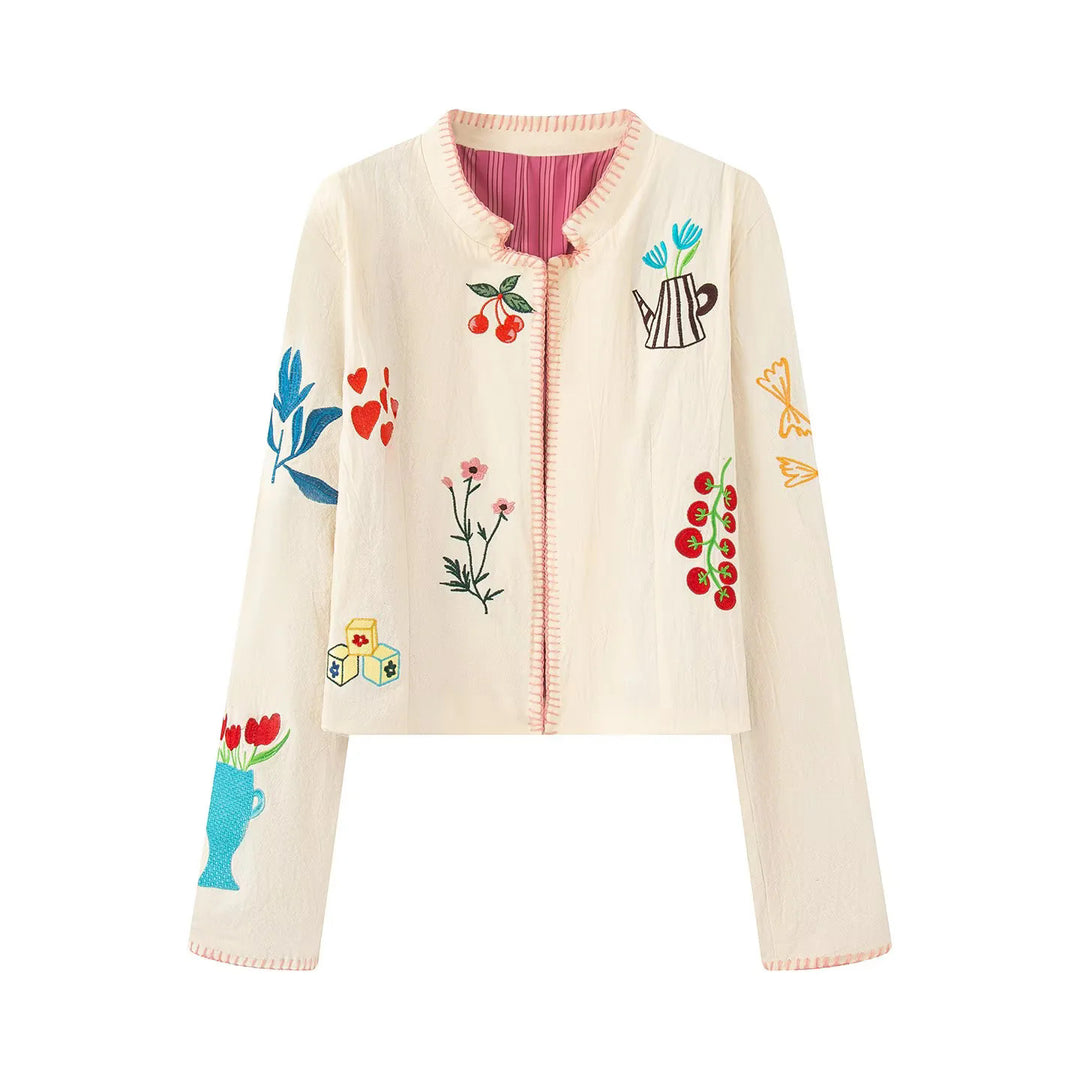 Women's artisanal embroidered short jacket with round neckline, fine decorative stitching and lightweight cotton blend Mune Fashion