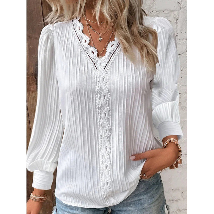 Women Pleated V-Neck Blouse with Lace Trim and Balloon Sleeves Mune Fashion