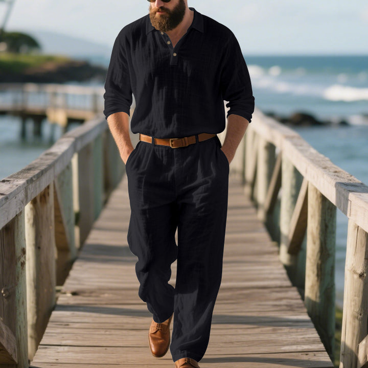 Men's airy linen two-piece set with V-neck shirt and loose pleated trousers Mune Fashion