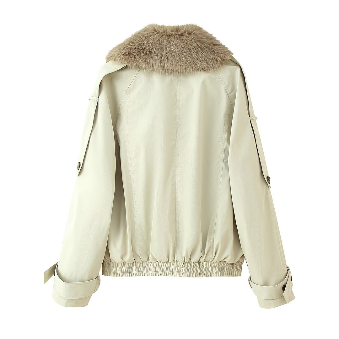 Women's double-breasted blouson with removable faux fur collar, waist drawstring and adjustable cuffs Mune Fashion