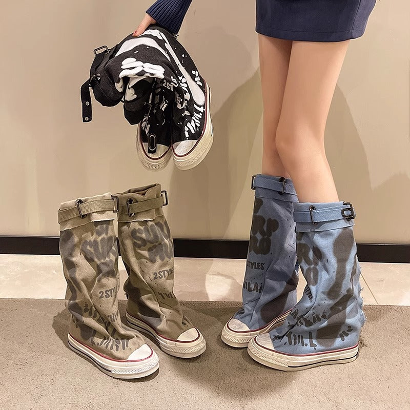 Damen Canvas-Gaiter-Boots mit integrierter Sneaker-Sohle und verstellbarem Schnallenriemen Mune Fashion