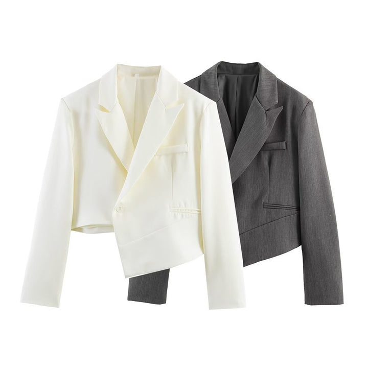 Women Asymmetric Cropped Blazer with Slanted Hemline and Lapel Collar Mune Fashion