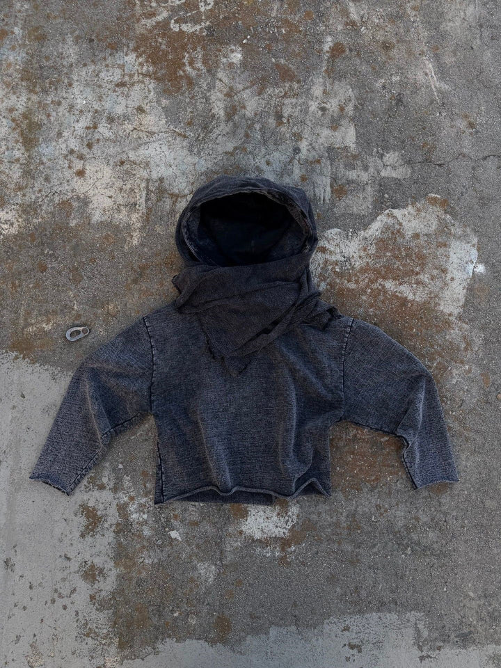 Unisex hooded pullover in usage marks style with attached tube scarf and frayed openings Mune Fashion