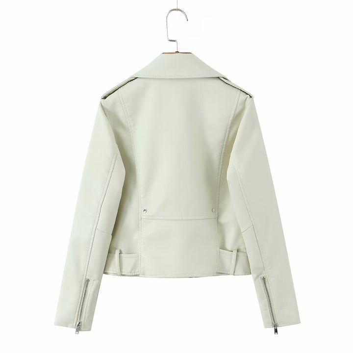 Women's robust fitted biker jacket made of faux leather with asymmetrical zipper and waist belt Mune Fashion