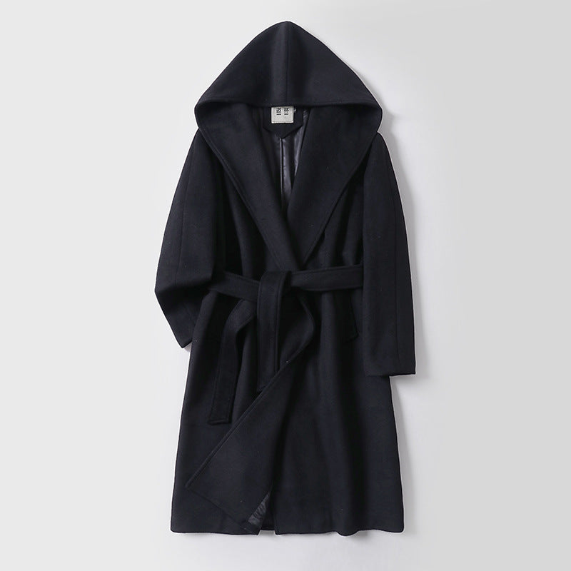 Women's Maxi Length Hooded Coat made of Wool Blend with Tying Belt and Soft Lining Mune Fashion