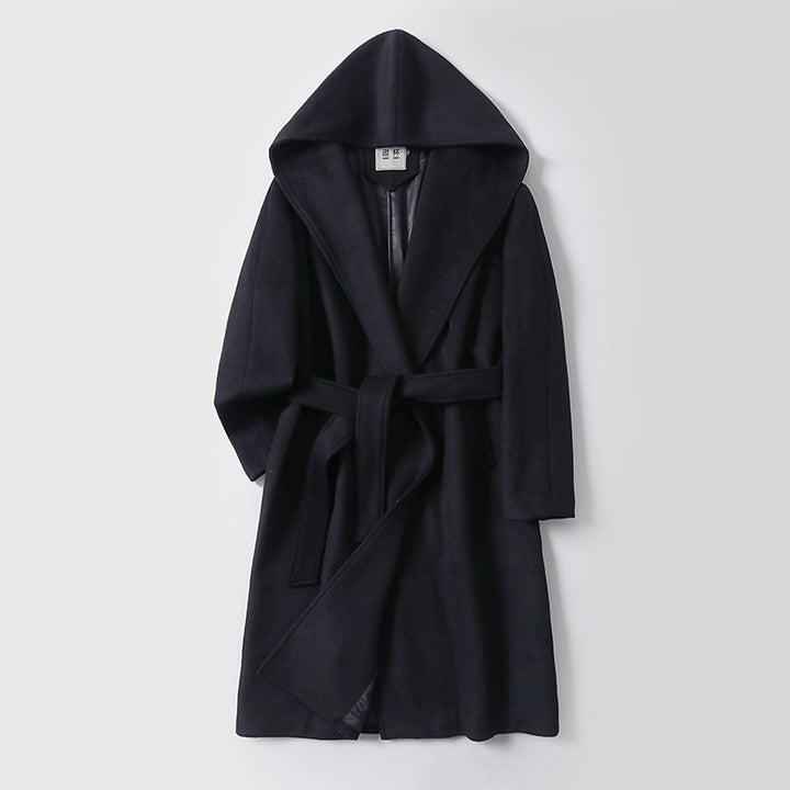 Women's Maxi Length Hooded Coat made of Wool Blend with Tying Belt and Soft Lining Mune Fashion