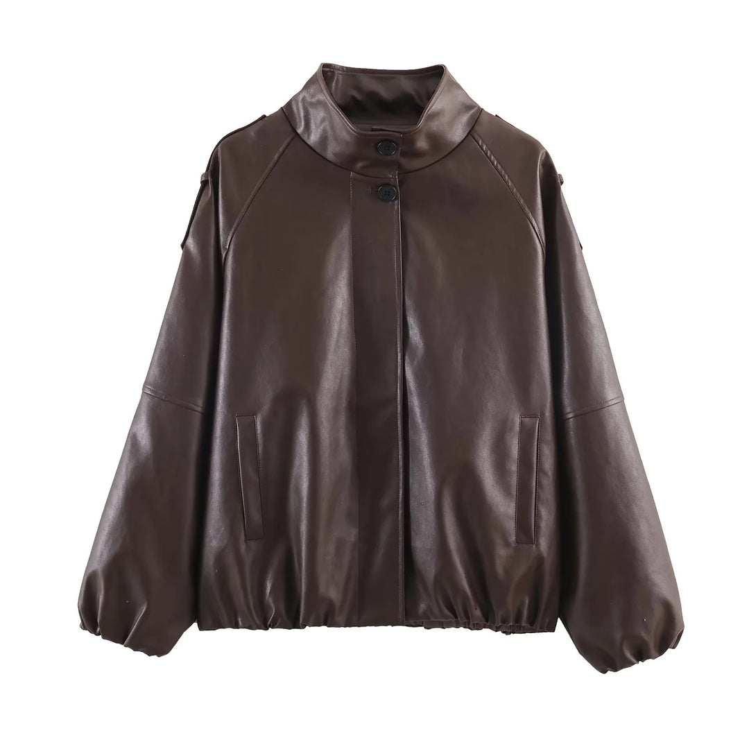 Women's oversized faux leather bomber jacket with stand-up collar, elastic hem, and concealed snap button placket Mune Fashion