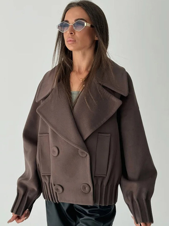 Women's Short Boxy Wool Coat with Oversized Shawl Collar, Double Button Placket and Ribbed Cuff Mune Fashion