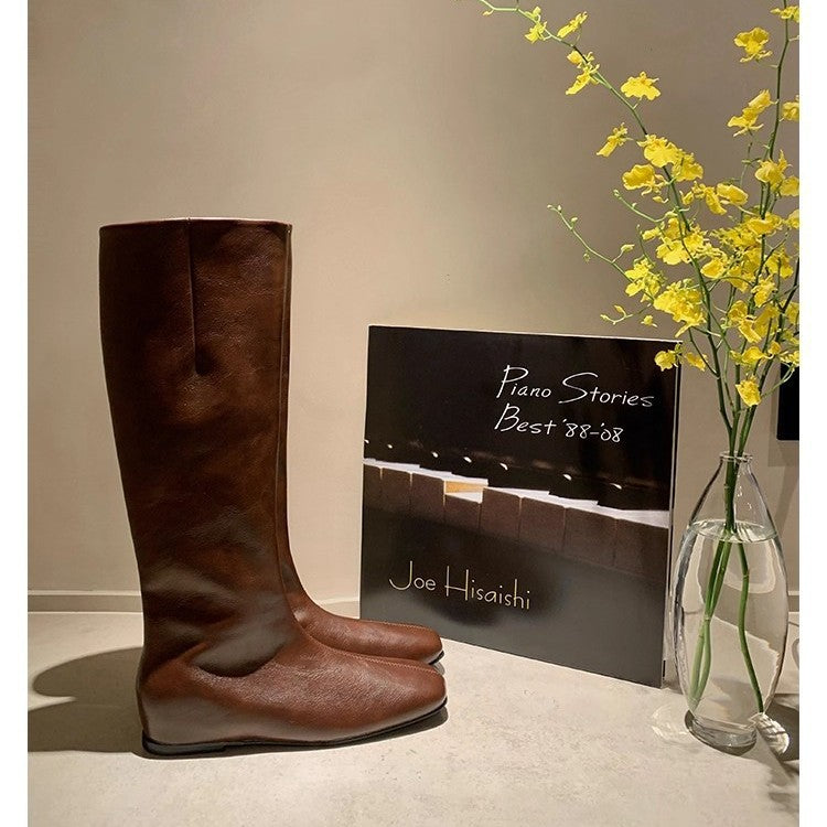 Women's Knee-High Minimalistic Smooth Leather Boots with Ergonomic Outsole Mune Fashion
