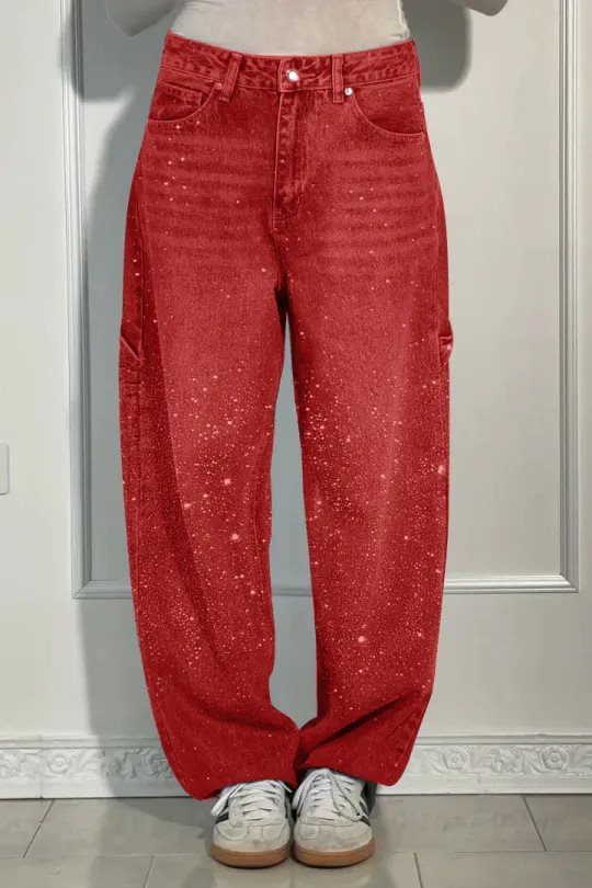 Women's High-Waist Jeans in loose Cargo cut with sparkling rhinestone trim Mune Fashion