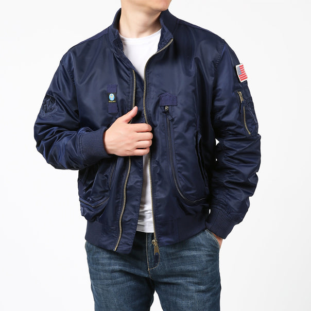 Men's nylon bomber jacket in pilot cut with multiple zip pockets and sleeve organizer Mune Fashion