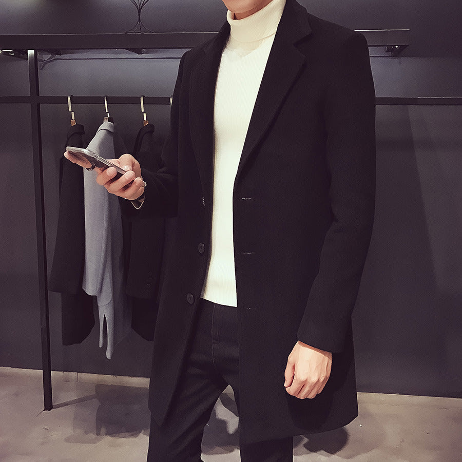 Men's elegant single-breasted coat made of wool blend with narrow lapels and warming lining Mune Fashion