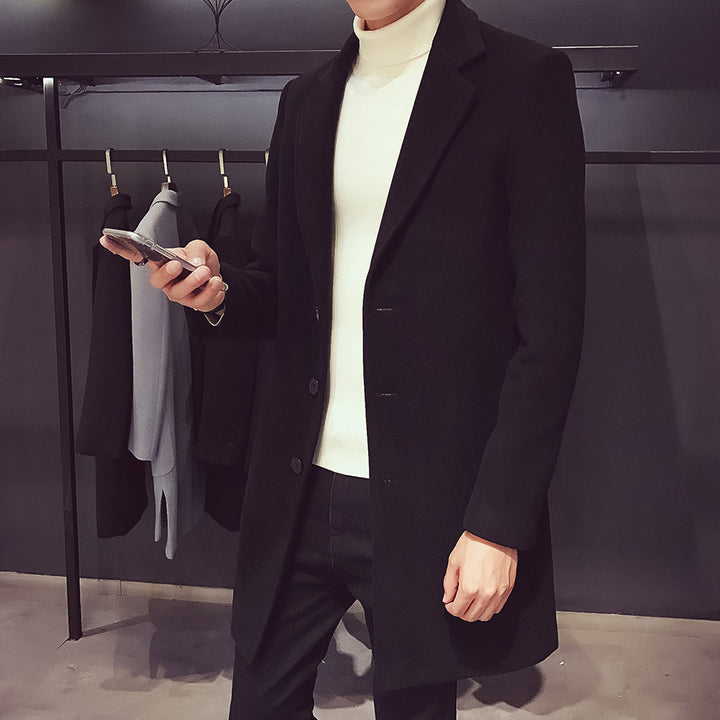 Men's elegant single-breasted coat made of wool blend with narrow lapels and warming lining Mune Fashion
