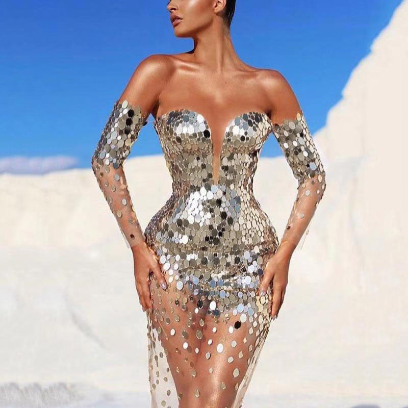 Women Sparkling Evening Dress with Transparent Sleeves Mune