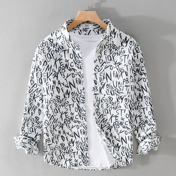 Men's loosely cut long sleeve overshirt with allover letter print and chest pocket Mune Fashion