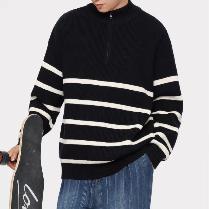 Unisex Oversize Sweater with half zipper, maritime contrast stripes and structured ribbed look Mune Fashion