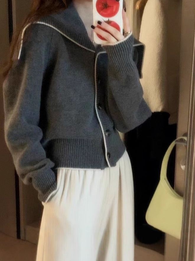 Women’s knit cardigan with oversized sailor collar and contrast edge Mune Fashion