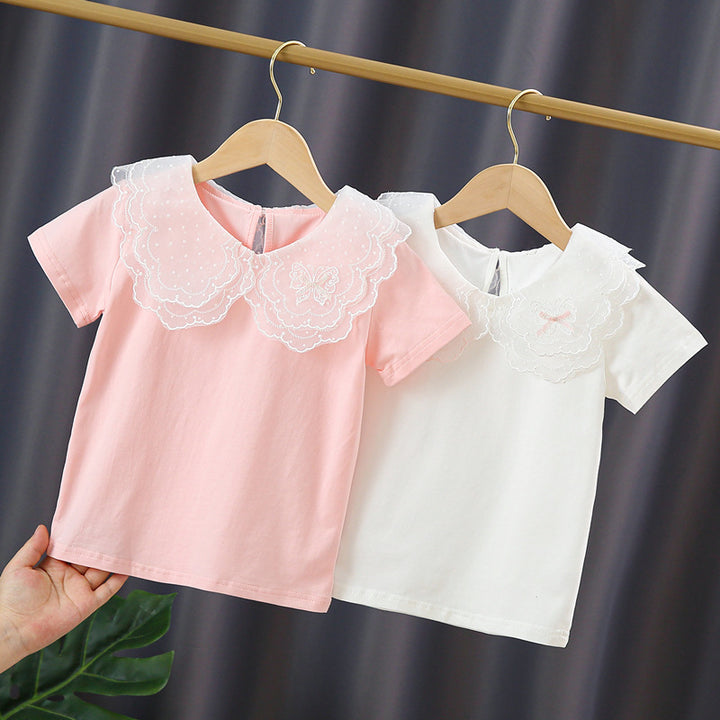 Girl T-shirt with elegant lace insert and large collar Mune Fashion