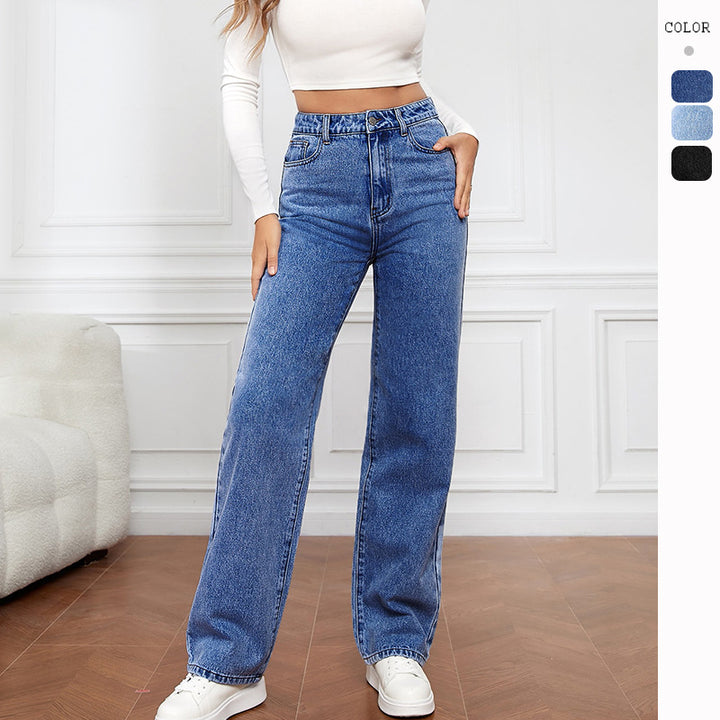 Women's high-waisted wide denim jeans with straight leg and elastic waistband Mune Fashion