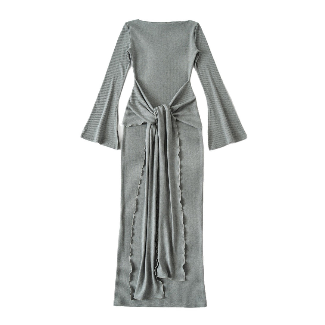 Ladies maxi dress made of ribbed knit with trumpet sleeves and waist knot detail Mune Fashion