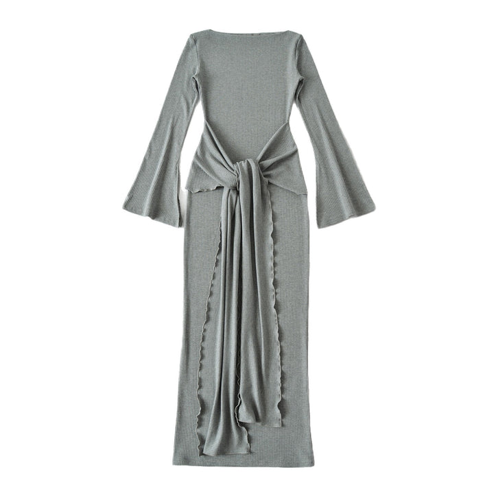 Ladies maxi dress made of ribbed knit with trumpet sleeves and waist knot detail Mune Fashion