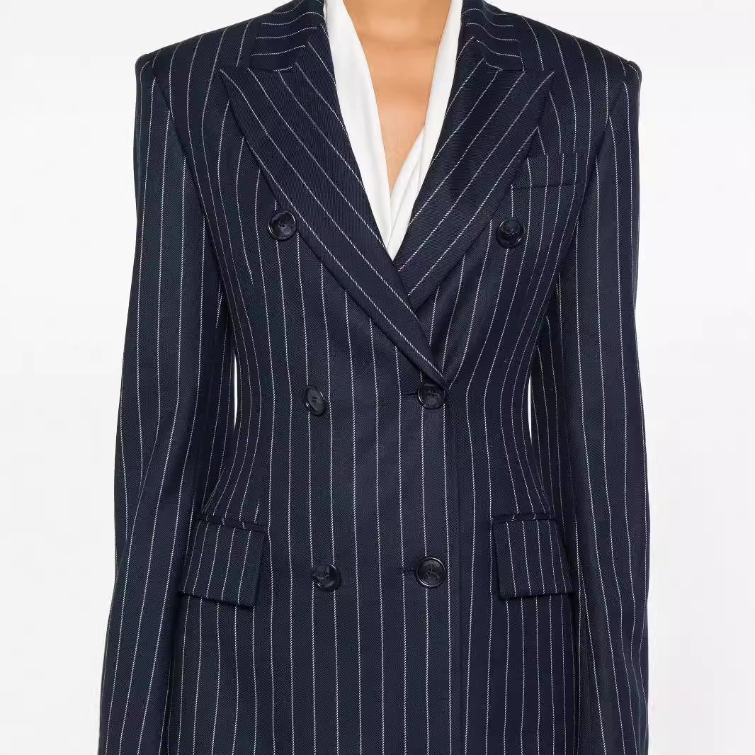 Women's Pinstripe Double-Breasted Blazer with High-Waist Flared Pants Mune Fashion