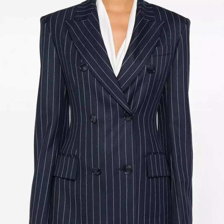 Women's Pinstripe Double-Breasted Blazer with High-Waist Flared Pants Mune Fashion