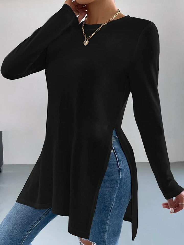 Women's Long Fine Knit Tunic Shirt with Side Slits and Rounded Hem Drune
