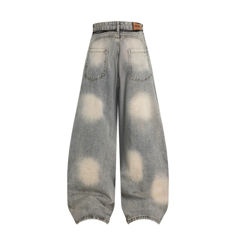 Women's extra wide distressed jeans in baggy cut with tie-dye wash and scarf belt Mune Fashion