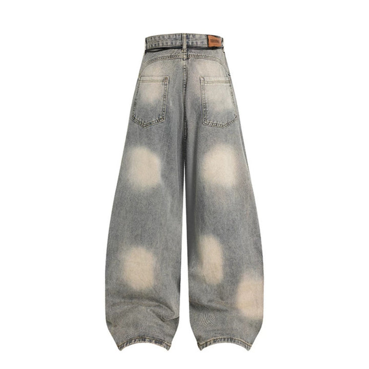 Women's extra wide distressed jeans in baggy cut with tie-dye wash and scarf belt Mune Fashion
