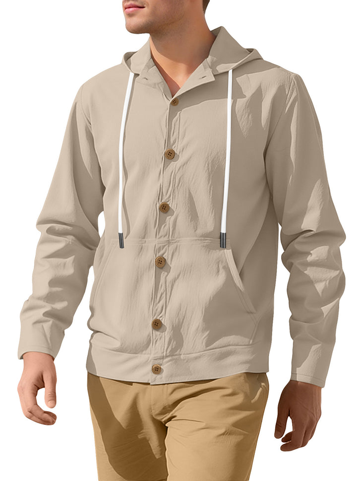 Men's lightweight hoodie jacket with button placket, kangaroo pocket, and drawstring Mune Fashion