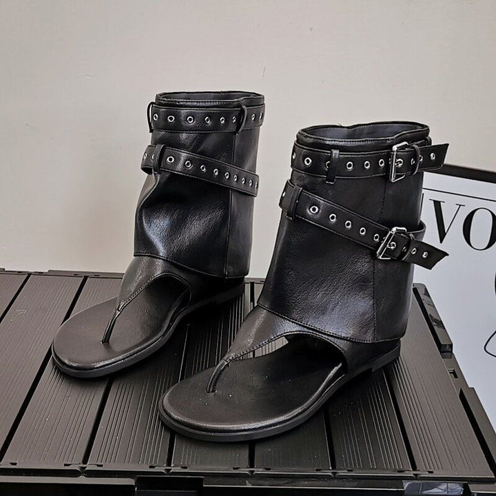 Women's ankle-high toe-post sandals in biker look with double belt and eyelet trim Mune Fashion