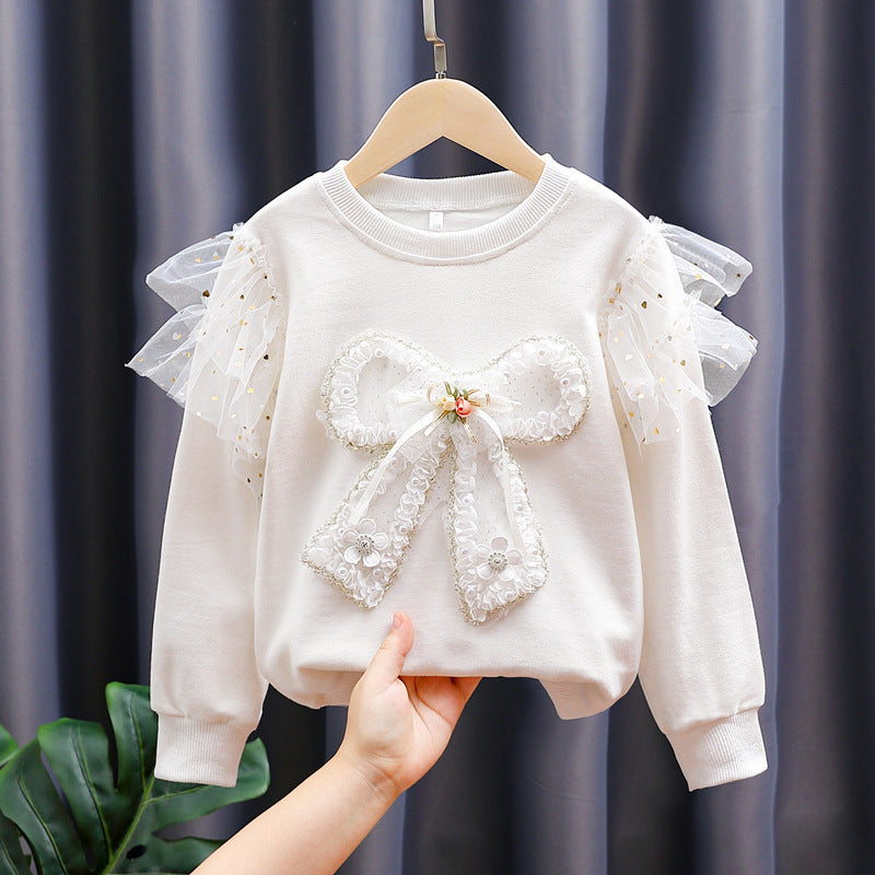 Girls fashion sweatshirt with transparent puff sleeves and bow detail Mune Fashion