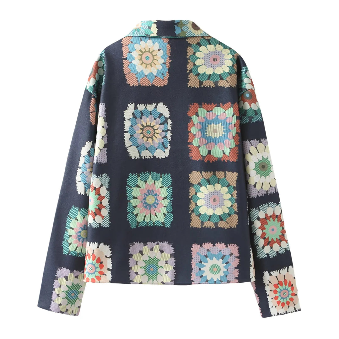 Women's patterned short boxy jacket with floral patchwork squares Mune Fashion