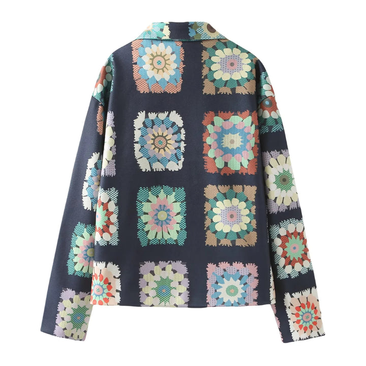 Women's patterned short boxy jacket with floral patchwork squares Mune Fashion