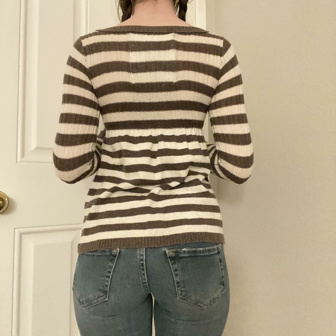 Women's Striped Ribbed Knit Shirt with Boat Neck and Decorative Button Placket Mune Fashion
