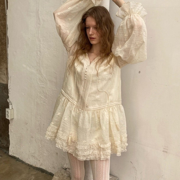 Women's Romantic Mini Tunic Dress with Ruffles and Balloon Sleeves Mune Fashion